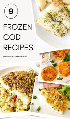 there are different pictures of frozen food on the plate, including fish and vegetables with text overlay that reads 9 frozen good recipes