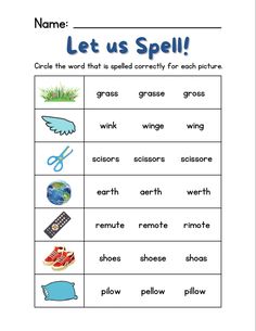 a worksheet with words and pictures to help students learn how to spell the word