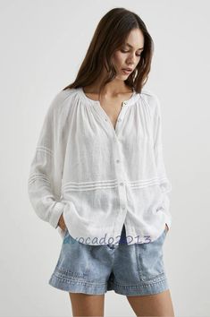 #ad Premium Quality Brand New Rails Women Long Sleeve White Frances Top Size XS S M, Fashion women's top Rails Clothing, White Linen Blouse, Dressy Blouse, Warm Weather Outfits, Linen Blouse, Long Puff Sleeves, Lady V, Linen Shirt, Linen Blend