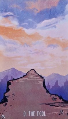 a painting of a mountain with the words o'the fool on it and an orange sky