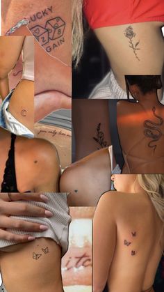 multiple pictures of women with tattoos on their stomachs and back, from top to bottom