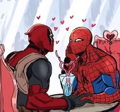 two spider - man sit at a table and talk to each other, with hearts flying in the background