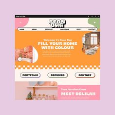 the website design for an interior decorating company is shown in pink and orange colors