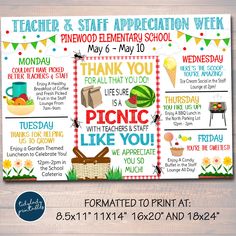 teacher appreciation week poster is shown on a wooden table