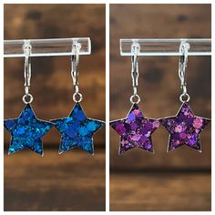 These super cute Star shaped earrings are sure to become one of your everyday favorites.  The holographic glitter catches the light beautifully and will add a dash of dazzle to any outfit. Earring hooks are nickel-free and hypoallergenic so they are safe for sensitive ears.  Wear them all day without any discomfort. Each pair of earrings is handmade to order with love, therefore no two pairs are identical, but I do try to get as close as possible :)  Small imperfections and slightly different colors are expected.  Since these earrings are handmade, I highly recommend taking them off for any water related activities such as swimming or showering and while sleeping.  CARE - Wipe clean with a soft cloth (such as an eyeglass cleaning cloth). Do not use alcohol or acetone as this will damage th Sparkling Blue Earrings For Gift, Hypoallergenic Blue Star Earrings, Purple Glitter Earrings For Gift, Blue Star Charm Earrings For Gift, Blue Star Charm Earrings As Gift, Purple Glitter Jewelry Gift, Purple Glitter Jewelry For Gifts, Bezel Earrings, Cute Star