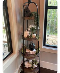 a corner shelf with plants and candles on it