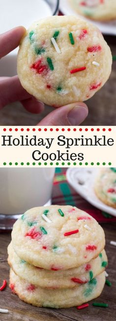 a person holding up a cookie with sprinkles on it and the words holiday sprinkle cookies