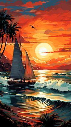 a painting of a sailboat in the ocean at sunset with palm trees and birds