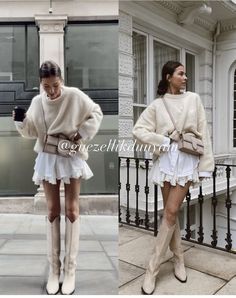 Bubble Hem Skirt Outfit, Rara Skirt Outfit, White Frilly Skirt Outfit, White Skirt Fall Outfit, White Ruffle Skirt Outfit, Girly Autumn, Street Style Skirt, Skirt Outfits Fall, Boujee Outfits