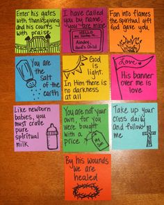 six post it notes with different sayings on the same piece of paper, all written in bright colors