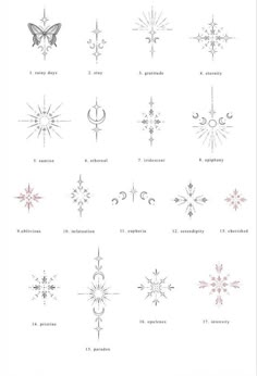 the different types of snowflakes are shown in black and white