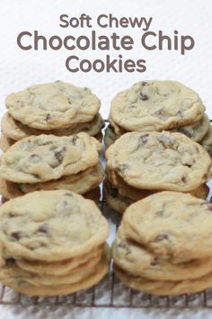 chocolate chip cookies sitting on top of a cooling rack with the words soft chewy chocolate chip cookies