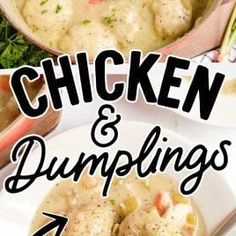 chicken and dumplings in a white bowl on a plate with the words chicken and dumplings above it