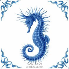 a blue and white sea horse in a circular frame with swirls on it's sides