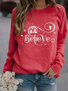 Red Casual Graphic Tops Round Neck Long Sleeve Believe Snowflake Printed Sweatshirt Christmas Tops, Casual Long Sleeve Shirts, Graphic Tops, Sweater Sale, Cozy Sweatshirts, Print Sweatshirt, Hoodies For Sale, Shirt Sale, Black Casual