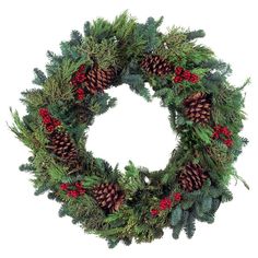 a christmas wreath with pine cones and berries