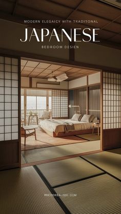 an open door leading to a bedroom with two beds in it and the words, modern elegance with traditional japanese bed room design