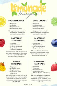 the lemonade recipe is shown with different fruits and vegetables on it, including raspberry