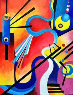 an abstract painting with bright colors and shapes