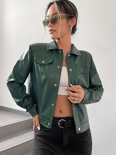 Leather Shirt Outfit, Vinyl Clothing, Pu Jacket, Women Outerwear, Leather Shirt, Formal Shirts, Sleeve Detail, Green Leather, Green Fashion