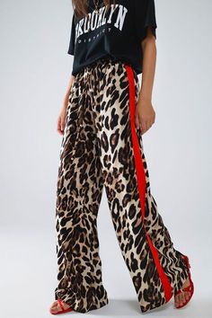 Striped Wide Leg Trousers, Leopard Pants, Print Pants, Straight Trousers, Brown Leopard, Red Stripe, Pants Pattern, Side Stripe, Straight Pants