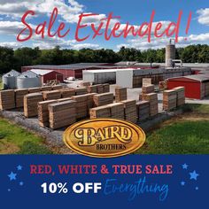 red, white and true sale sign with farm buildings in the background for 10 % off everything