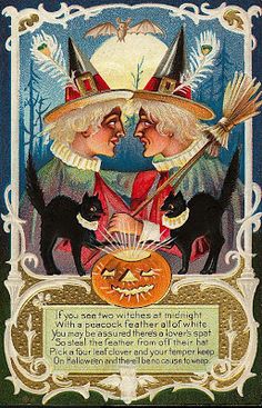 an old fashioned halloween card with two witches on it's head and one witch holding a black cat