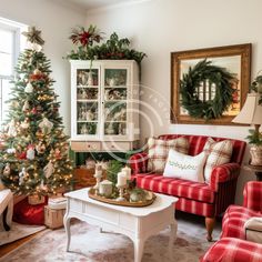 a living room decorated for christmas with red and white furniture, green wreaths on the tree