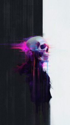 a digital painting of a skull with pink and blue streaks on it's face