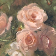 an oil painting of pink roses in a vase