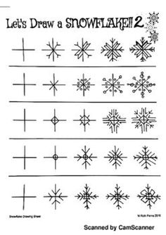 the snowflakes are drawn in black and white, with words that read let's draw a snowflake 2