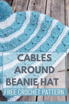 a crocheted hat with the words cables around it and an image of knitting needles