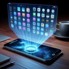 an image of a cell phone with light coming out of it on a wooden table