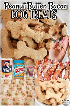 a collage of dog treats including peanut butter bacon