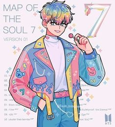 a drawing of a boy in a pink jacket and blue pants with the number seven on it