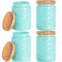 three mason jars with lids and wooden lids are lined up in the same pattern as one