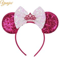 This is a Child Size, Sequined, Costume MINNIE MOUSE EARS - HOT PINK & WHITE Crown - This is not an official Disney product. It is manufactured by Yanjie for costume or cosplay. Sequined Ears and Bow, on front and back, Glittered Crown embellishment, with satin covered headband. Perfect for your little princess. Please visit my store "TIMMIE DISNEY TRADING PINS" for a huge selection of Disney Character pins, Vinylmation toys, Trading pin lanyards and much more:  https://www.ebay.com/str/timmiedi Shamrock Flower, Mouse Headband, Minnie Ears Headband, Princess Decorations, Bow Headbands, Red Crown, Glitter Decor, Glitter Party, Mouse Ears Headband