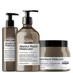 Kit com shampoo, máscara e sérum para cabelos danificados. L'Oréal Professionnel Absolut Repair Molecular Tratamento Super Trio conta com um trio poderoso para uma reparação profunda. O Kit L'Oréal Professionnel Absolut Repair Molecular Tratamento Super Trio oferece um tratamento profundo: repara os fios intensamente ajudando a reconstruir a estrutura molecular do cabelo e a restaurar a força, elasticidade e movimento, sem deixar uma sensação pesada. A linha Absolut Repair Molecular entra na eta