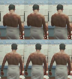 multiple images of a man in a towel wrapped around his back, showing different ways to wear