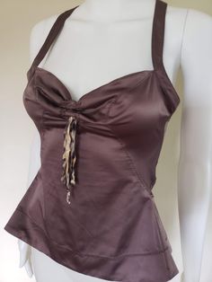 Fitted Vintage Camisole For Spring, Flirty Sleeveless Satin Tops, Brown Fitted Cami Tank Top, Chic Fitted Satin Top, Vintage Fitted Tank Top With Spaghetti Straps, Fitted Vintage Tank Top With Spaghetti Straps, Vintage Fitted Spaghetti Strap Tops, Brown Fitted Spaghetti Strap Top, Brown Fitted Top With Spaghetti Straps