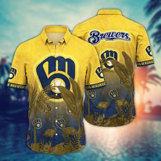 MLB Milwaukee Brewers Hawaiian Shirt Chase the Sunset Gift For Fans  It’s the perfect combination of Hawaiian style and MLB fandom. These unique MLB Hawaiian shirts are a must-have for football enthusiasts. Show your team spirit in a fun and tropical way by the beauty of Hawaii. Made from high-quality materials, they provide comfort and breathability, keeping you cool during game days or outdoor activities. Stand out from the crowd and show your love for both football and tropical vibes. Pr Baseball Season Fan Apparel Shirt, Baseball Season Sports Fan Apparel Shirt, Fan Apparel Shirt For Baseball Season, Sports Fan Shirt With Team Logo, Pre-shrunk Shirt For Sports Fans, Sports Fan Short Sleeve Shirt For Football Season, Sports Fan Apparel Shirt With Sublimation Print, Short Sleeve Shirt For Football Season Sports Fans, Casual Short Sleeve Shirt For Fan Events