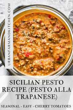 bowl of sicilian pesto. Sicilian Pesto Recipe, Sicilian Pesto, Tuna Patties Recipes, Pesto Dishes, Almond Pesto, Healthy Pesto, Italian Diet, Meatless Main Dishes, Urban Farm