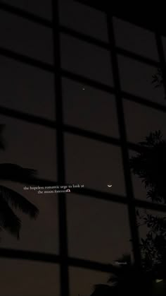 the moon is seen through a window at night with palm trees in the foreground