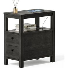 an end table with two drawers and a book shelf