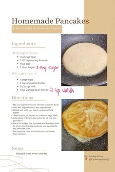 the recipe for homemade pancakes is shown in this brochure, with instructions to make them