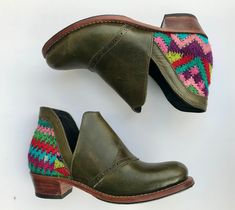 These beautiful booties are handmade by our Guatemalan artisan partner in Guatemala. These unique boots are crafted from local high quality leather and a one-of-a-kind hand-woven textile made by Guatemalan indigenous women.  Each pair of our boots is exclusive due to the one-of-a-kind huipiles (textiles) we use in each one of our projects.  Here you can order your very own unique, custom-made version of the boots you see in the photos, get in touch with us to learn how! By buying from us you are Guatemalan Art, Boots Boho, Womens Booties, Unique Boots, Indigenous Women, Boho Boots, Boots Vintage, Booties Ankle Boots, Vintage Textile