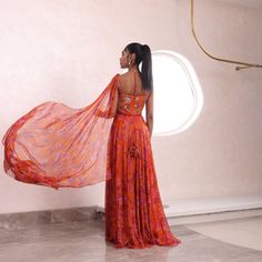 Embroidered Draped Gown From Mahima Mahajan's Fida collection. DELIVERY TIMEPlease allow 6-8 weeks for your outfit to arrive. FABRIC DETAILSLurex Chiffon, Professional cleaning only. Draped Gown, Open Image, Drape Gowns, Your Outfit, Professional Cleaning, 8 Weeks, Chiffon, Orange, Fabric