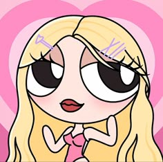 a cartoon girl with long blonde hair and big eyes, wearing a pink dress in front of a heart