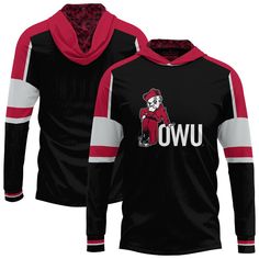 Celebrate your Ohio Wesleyan Battling Bishops pride with this ProSphere Long Sleeve Hooded T-Shirt. Made from polyester, this hooded tee features sublimated graphics for vibrant, long-lasting team spirit. Ribbed cuffs provide a snug and comfortable fit, making it perfect for layering on chilly game days or showing off your Ohio Wesleyan pride on campus. Fan Merchandise Drawstring Hood Top, Black Hooded T-shirt For Sports, Black Hooded Top With Sublimation Print, Hooded T-shirt With Graphic Print For Fans, Hooded Graphic Print T-shirt For Fans, Casual Black Hooded Sublimation Design, Team Spirit Hooded Top With Graphic Print, Hooded Graphic Print T-shirt Fan Apparel, Hooded Graphic Fan Apparel Top