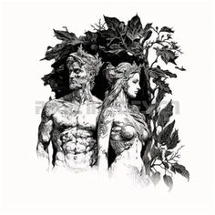 two people standing next to each other with tattoos on their arms and torsos, surrounded by plants